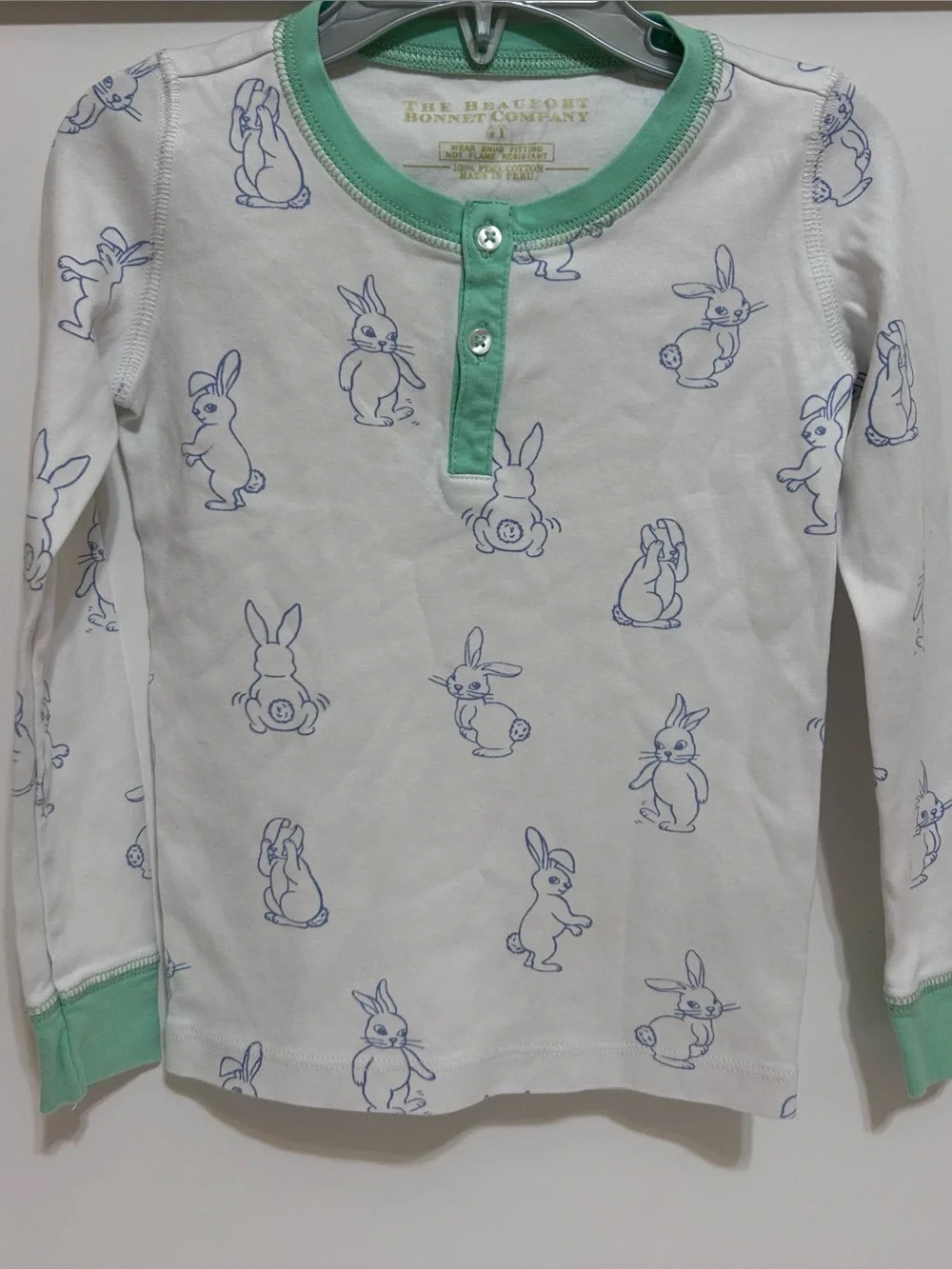TBBC pajama top size 4T white mint green bunnies long sleeve Pima cotton buttons